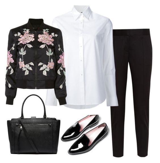Weiße Bluse mit schwarzer Hose und besticktem Blouson